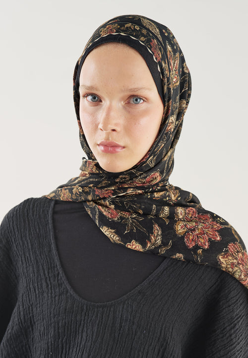 Ethnic Blossom Desin Hijab Black - Fresh Scarfs