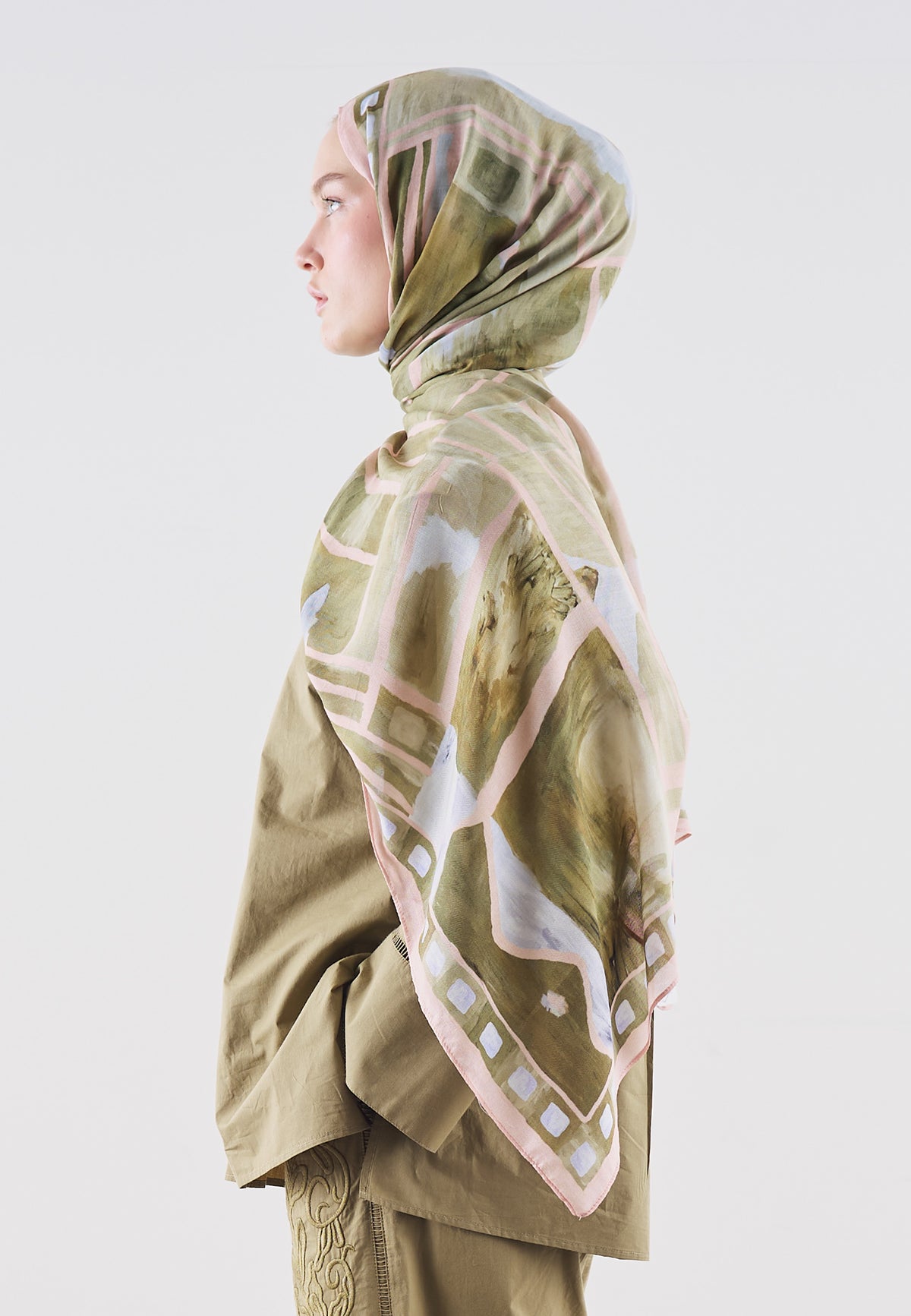 Abstract Blocks Desin Rami Cotton Khaki - Fresh Scarf