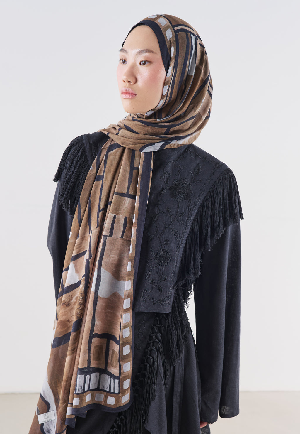 Abstract Blocks Desin Rami Cotton Dark Choco - Fresh Scarf