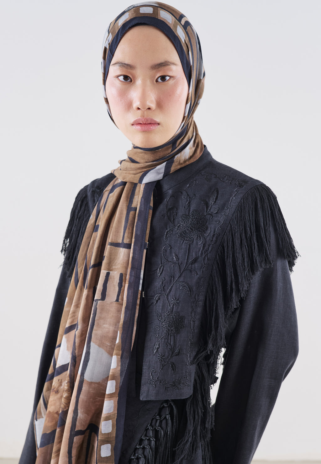 Abstract Blocks Desin Rami Cotton Dark Choco - Fresh Scarf