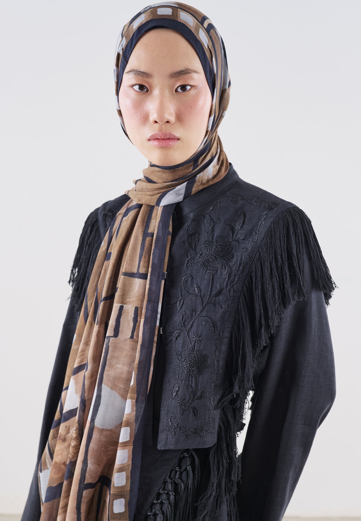 Abstract Blocks Desin Rami Cotton Dark Choco - Fresh Scarf