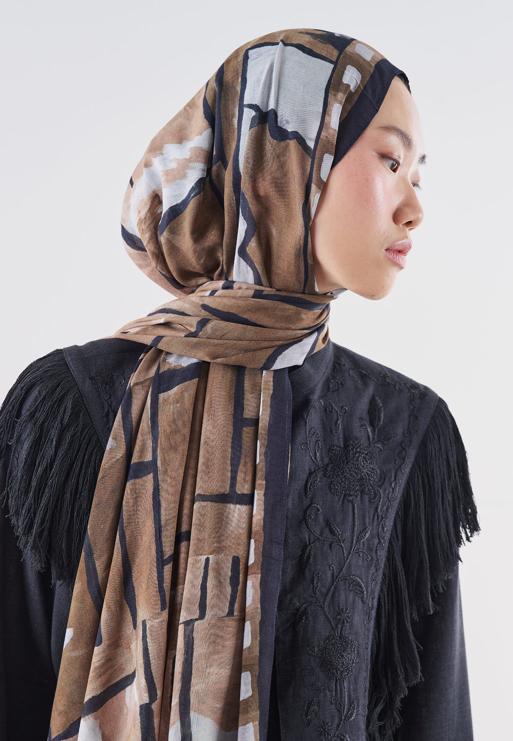 Abstract Blocks Desin Rami Cotton Dark Choco - Fresh Scarf